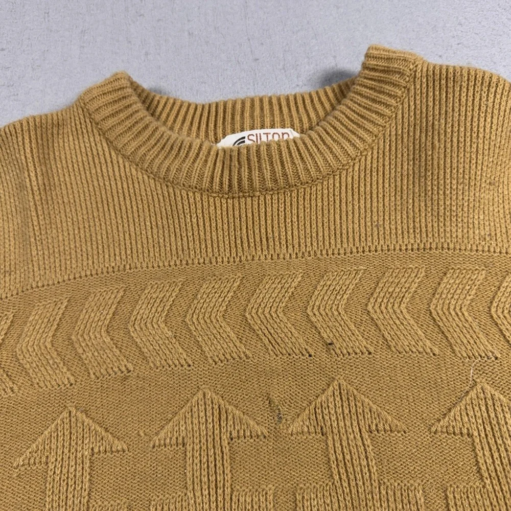 Vintage Silton Sweater Mens Medium Brown Tan Stripe Crewneck Knit Retro 80s‎